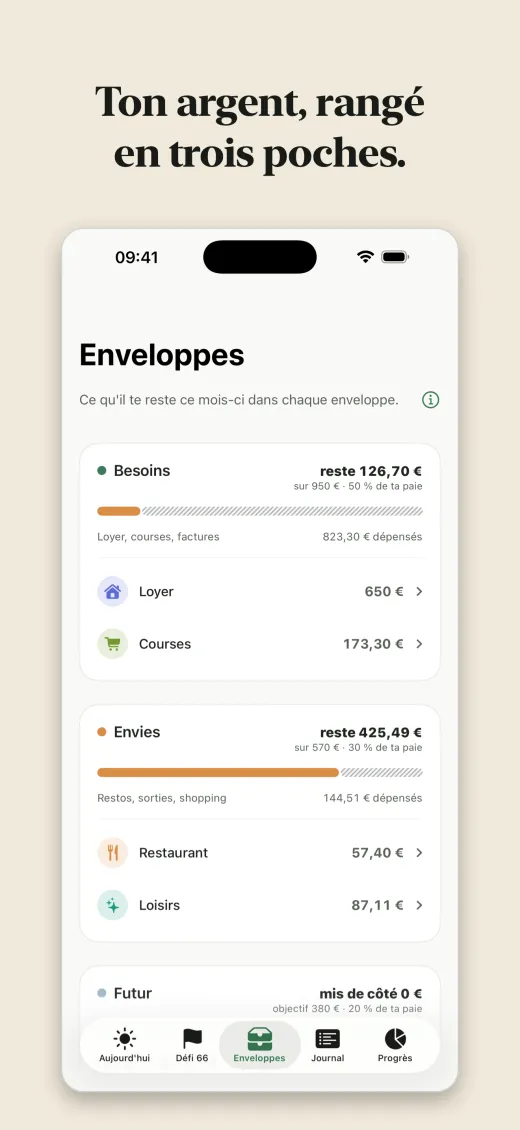 Ton argent, rangé en trois poches.